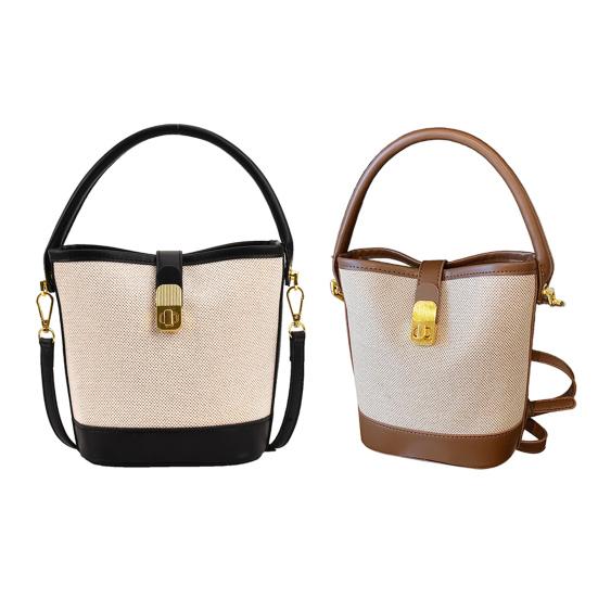 Women Messenger Bag Faux Leather Shoulder Bag with Top Handle Adjustable Strap Splicing Bucket Bag Crossbody Handbag for Daily Use Party Date