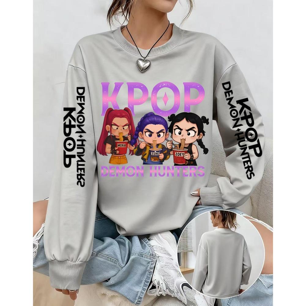 Women's Casual Anime KPop Demon Hunters Printed Pullover Sweatshirts Design Long Sleeved Round Neck Autumn