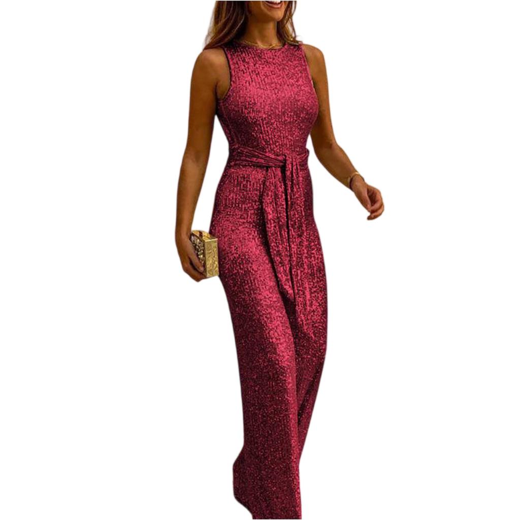 Tuta intera casual da donna senza maniche con paillettes e gamba larga