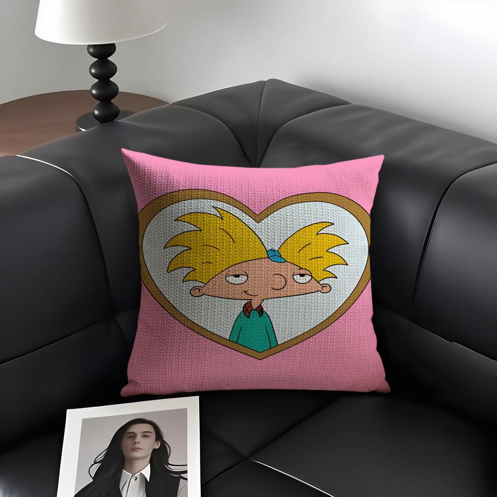 H-Hey Arnold Cartoon Cushion Cover Natural Linen Organic Fabric Double-Sided Printing Sofa Home Decor Gift Pillow Case