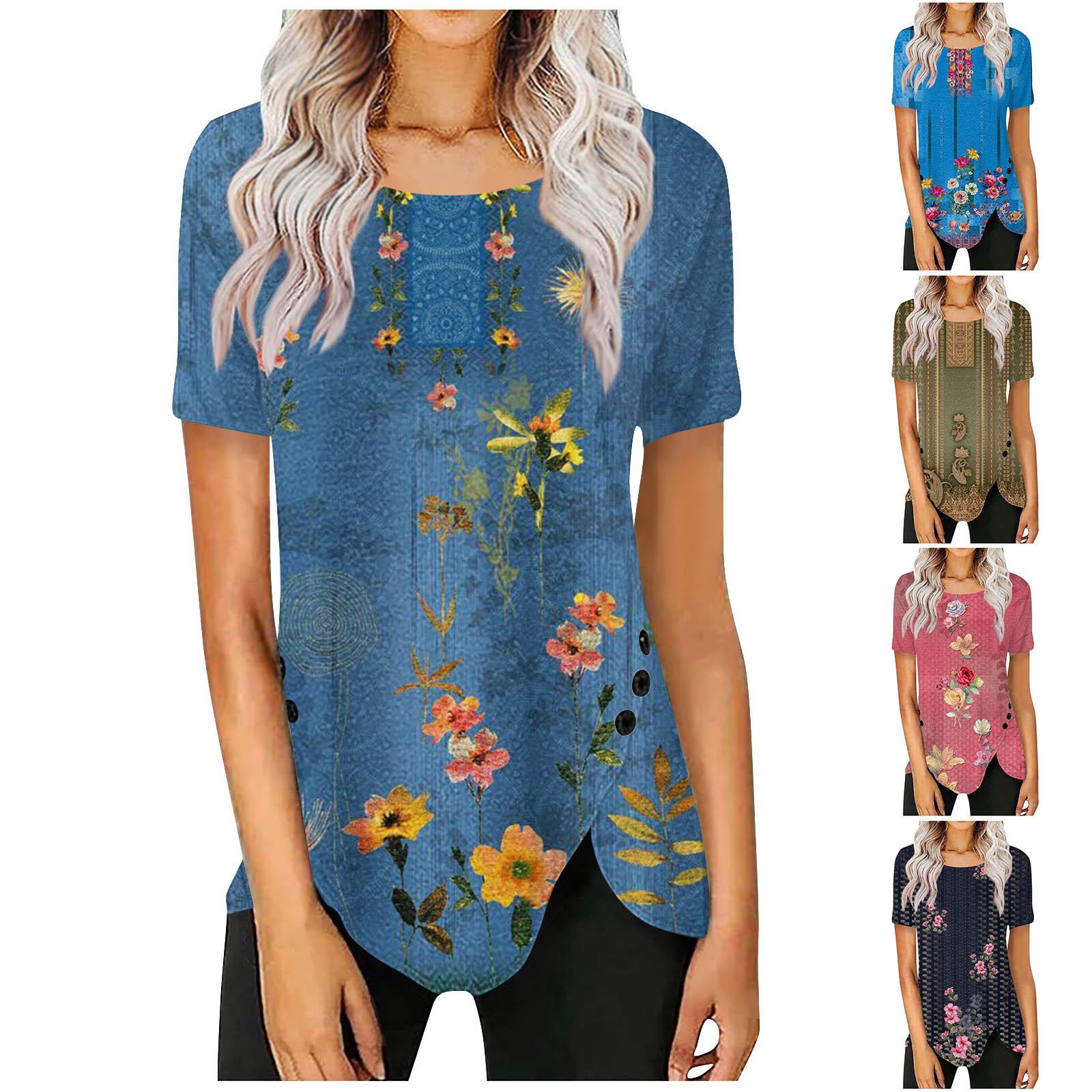 

Женская туника с коротким рукавом Свободные топы Повседневные топы больших размеров Плиссированная туника на пуговицах Повседневные летние футболки Женские топы Нарядные рубашки