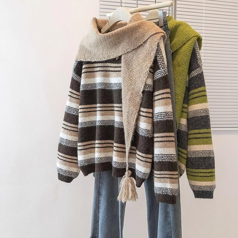

Green Striped Shoulder Sweater Women s Autumn and Winter New Large Size Scarf Knitted Shawl Stacked Two-piece Set Onesize