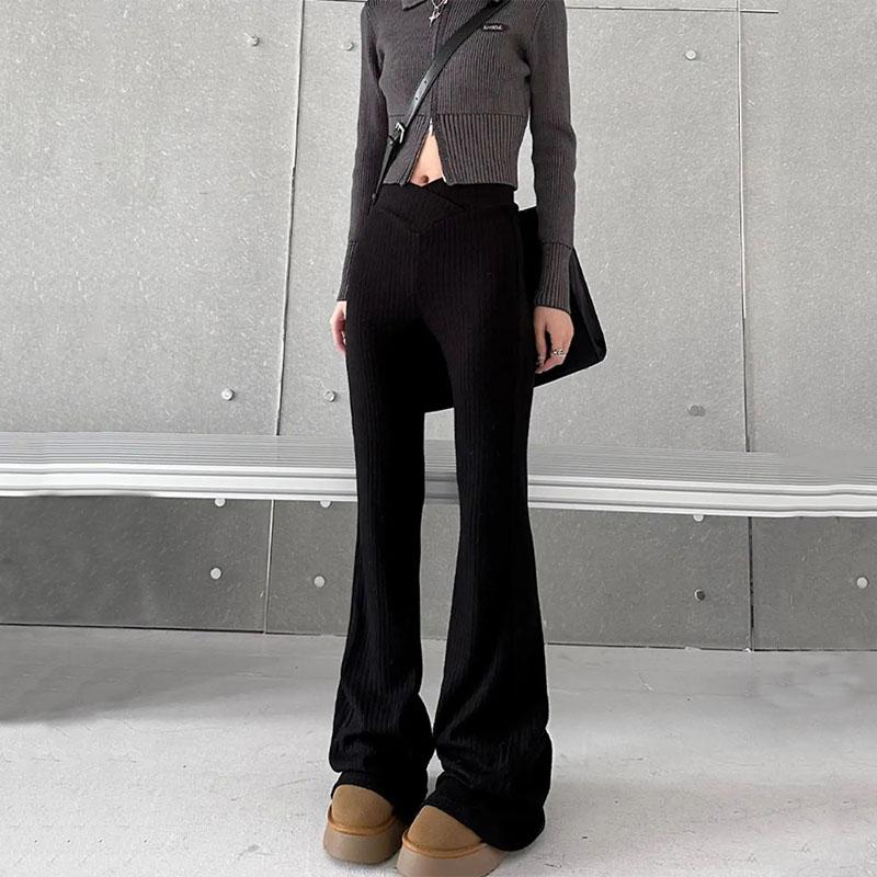 Y2K Vintage Gray Flare Kalhoty Úzké ženy Korejská móda Základní černé Legíny s rozšířeným vzorem Harajuku Retro Ležérní Pletené tepláky