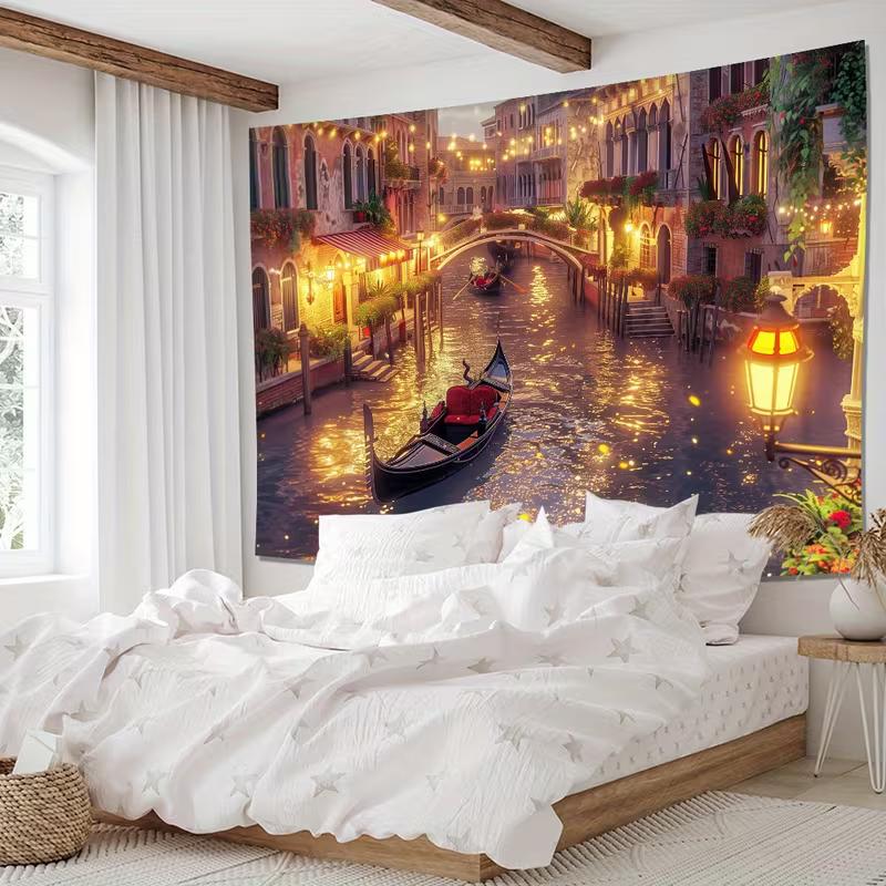 Arazzo 2D Città sull'Acqua di Venezia, Gira in Gondola Notturna e Case sui Canali Wall Art per Arredamento Casa