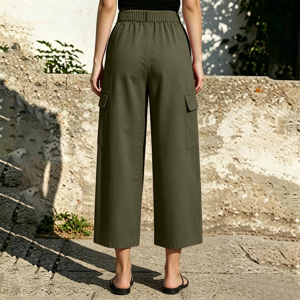 Women's Color Casual Trousers with Cotton Pockets and Button Front Dress Pants