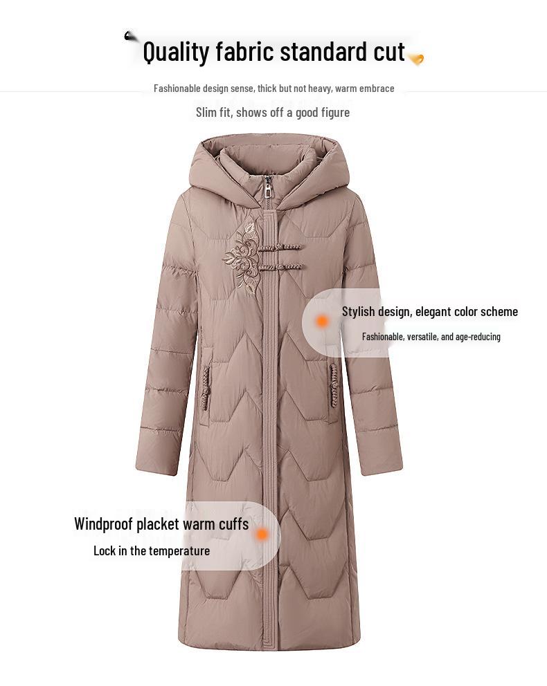 2024 Winter Chinese Style Mid-Length Down Jacket for Middle-Aged Women, Over-the-Knee, Plus Size