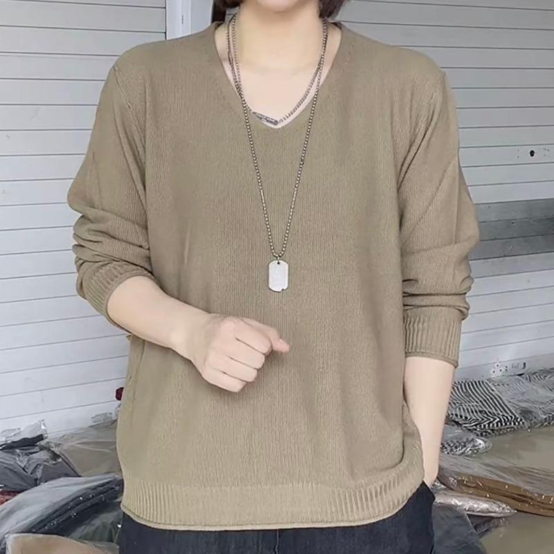 Women s V-neck Solid Color Sweater Casual Spring and Autumn Long Sleeve Knitted Bottom Top Clothes S