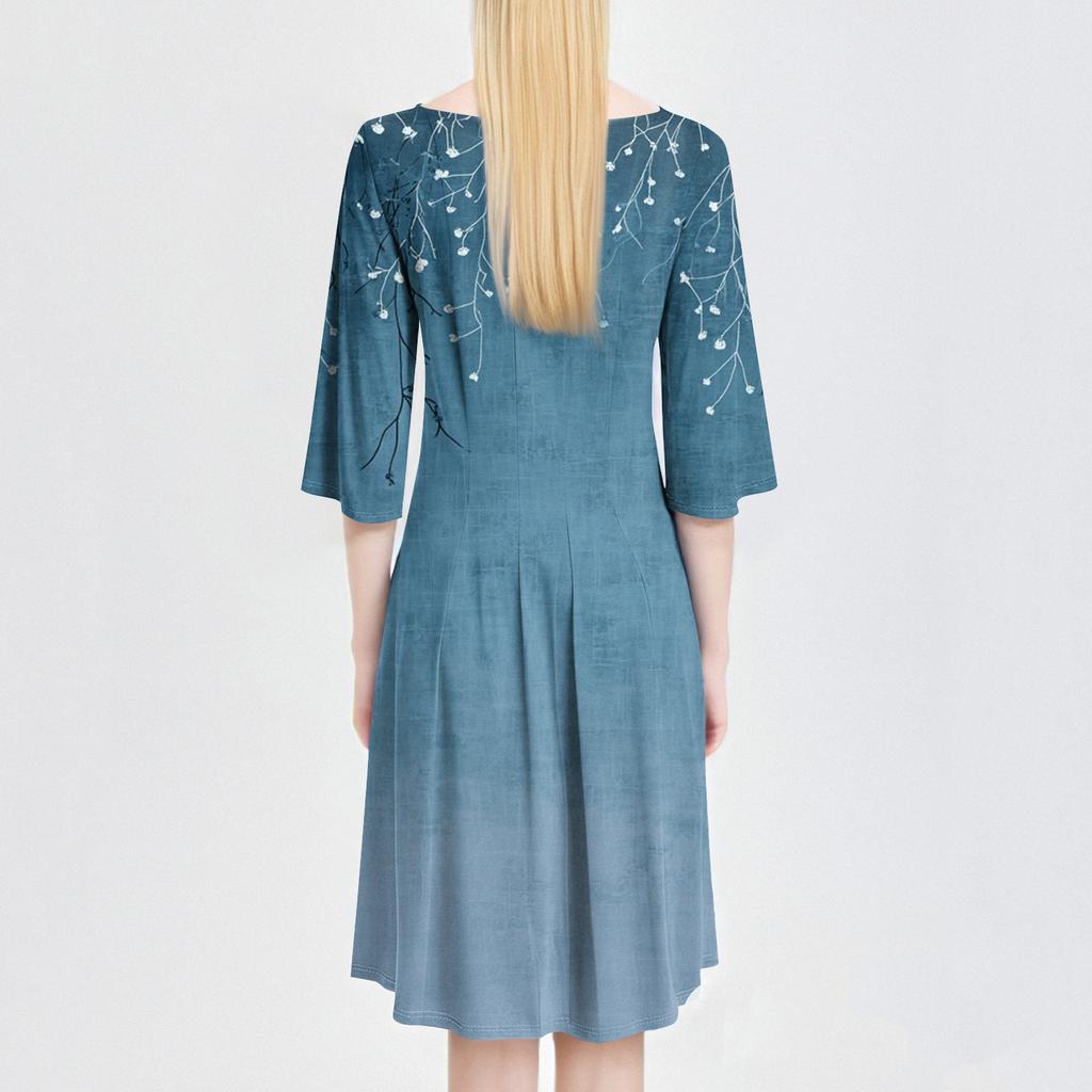 Lässiges, modisches Midikleid mit Rundhalsausschnitt, Dreiviertelärmeln und Print für Damen