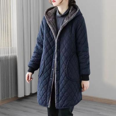 Women Cotton Jacket Hooded Thick Plush Lined Long Sleeves Single-breasted with Side Pockets