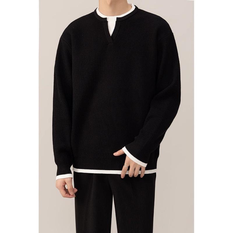 

Men s Red V-Neck Sweater - Fake Two-Piece Design for Autumn & Winter, Zodiac-Inspired Knitwear, Versatile Inner & Outer Wear, New Year Style 2XL (150-170 jin) чорний