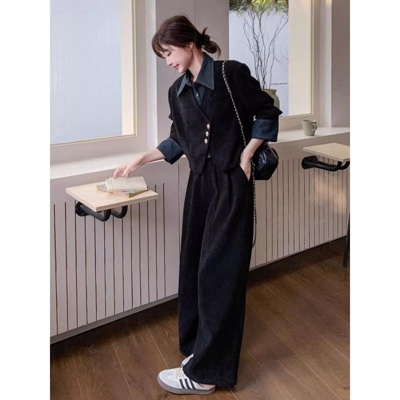Elegant French Vintage Two Piece Set Women Autumn Spring Fashion Wide Leg Pants Outfit