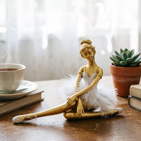 Resin Ballet Girl Figurine,  Modern Ballerina Dancer Statue with Feather Skirt, Gold Silver Metal Line Art Ornament, Cute Desktop Accessories for