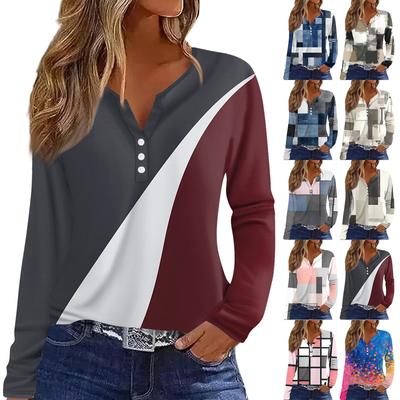 Women's T Shirt Tee Print Button Long Sleeve Daily Weekend Fashion Basic V- Neck Regular Top