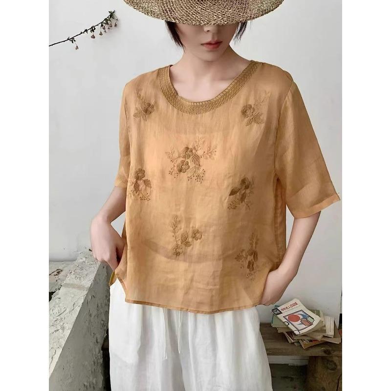 Women Floral Embroidered Round Neck Half Sleeve Linen Cotton Blend Blouse