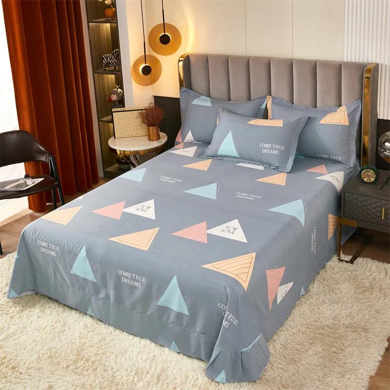 3Pcs Simple Geometric Plaid Bed Sheet Set 100% Cotton Skin-friendly Queen Size Bedding Set Thickened Flat Sheet with Pillowcases