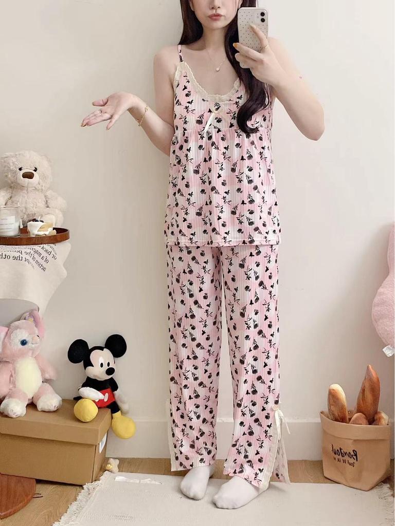 2023 Summer Women's Retro Floral Spaghetti Strap Long Pants Pajamas