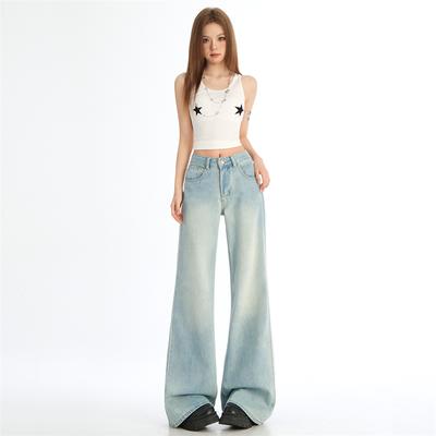 Summer Flared Jeans Women Vintage Blue Denim Pants Streetwear Y2K High Waist Loose Harajuku Trousers