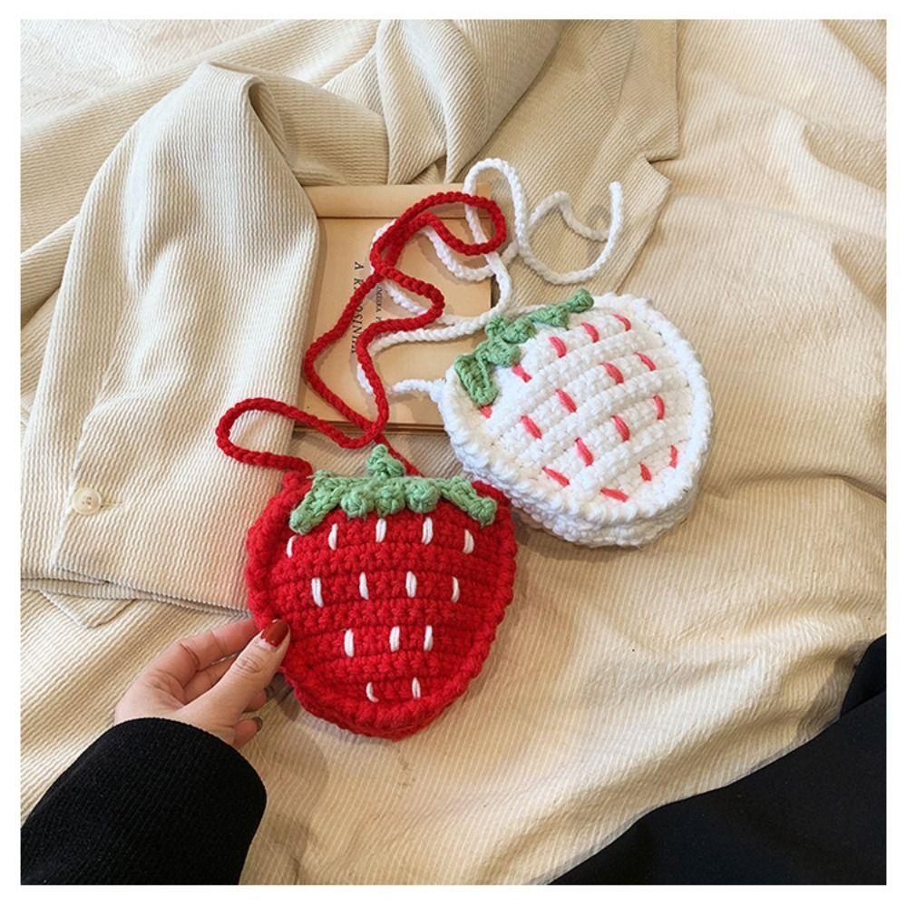 Cute Handmade Strawberry Crossbody Bag Two-Tone Woven Design Crochet Woven Bag Mini Size Crochet Yarn Women's Bag for Women