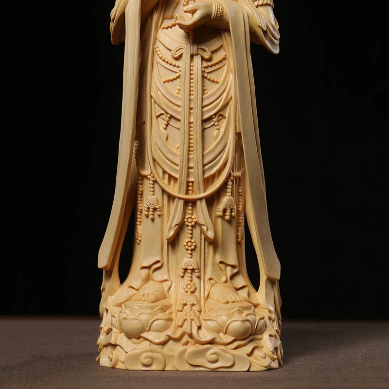 Wooden Buddha Statue Guanyin Statue Solid Wood Carving Home Living Room Office Buddhist Shrine Wealth Luck Feng Shui Decor