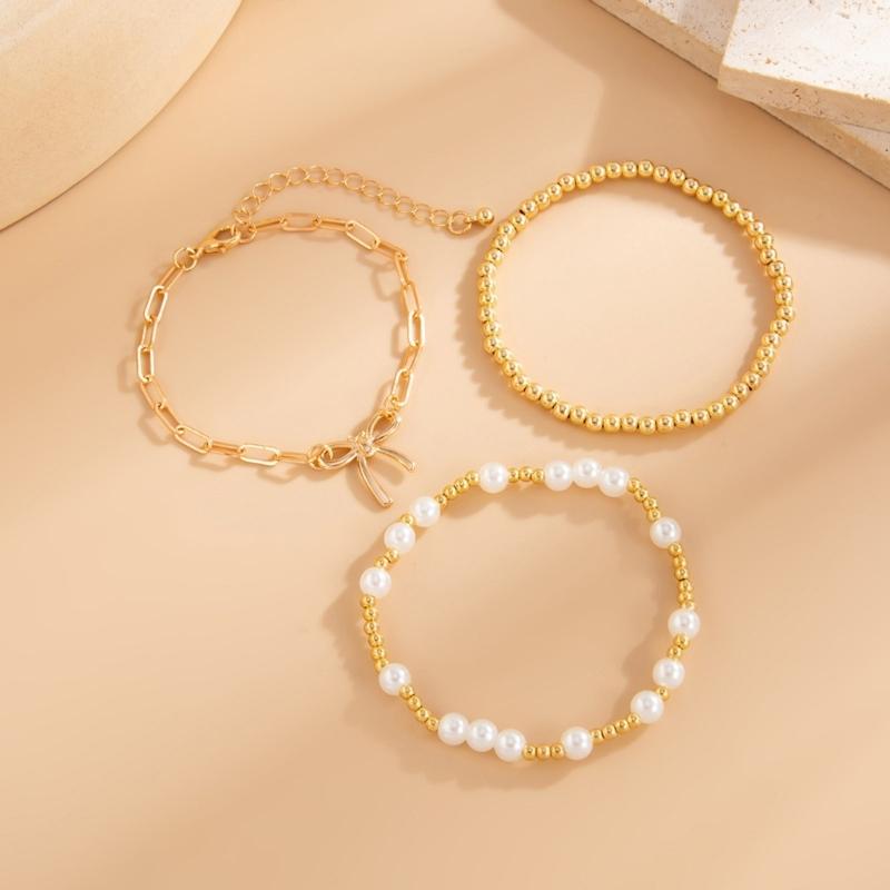 Modern Bowknot Detail Imitation Pearls Bracelet with Alloy Clasp Adjustable Chain Elegant Jewelry For Women