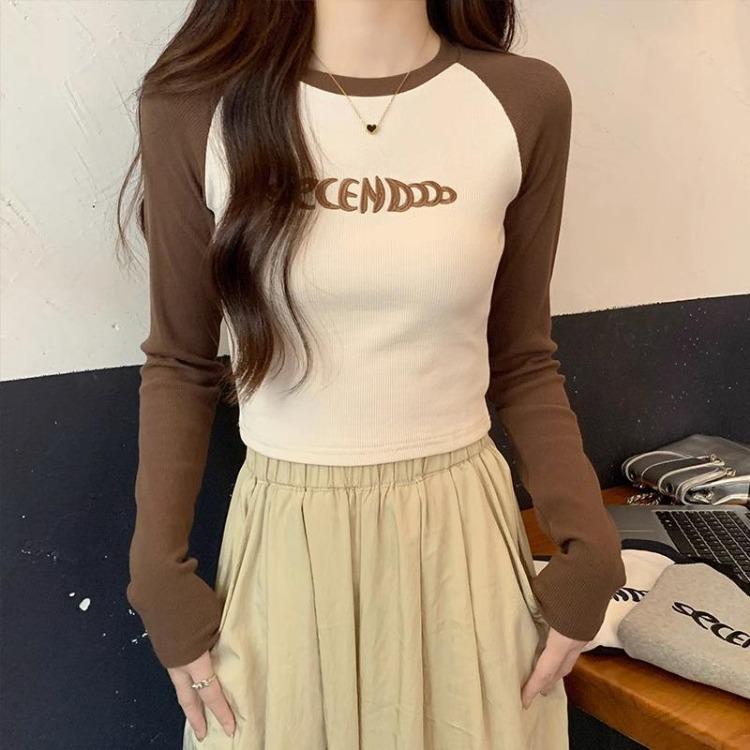 Women Autumn Winter Raglan Sleeve T Shirt American Style Contrast Stitching Hot Girl Cropped Short Top