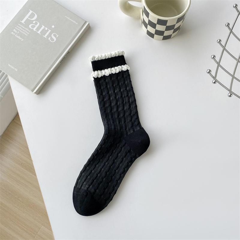 

Double-layered lace women s socks for autumn and winter, pure cotton bubble edge mid-calf socks, pile socks, schoolgirl style 1 pair чорний
