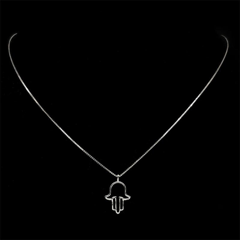 Luxury 925 Sterling Silver Hollow Hamsa Hand CZ Pendant Necklace for Women Simple Hand of Fatima Islamic Clavicle Chain Jewelry