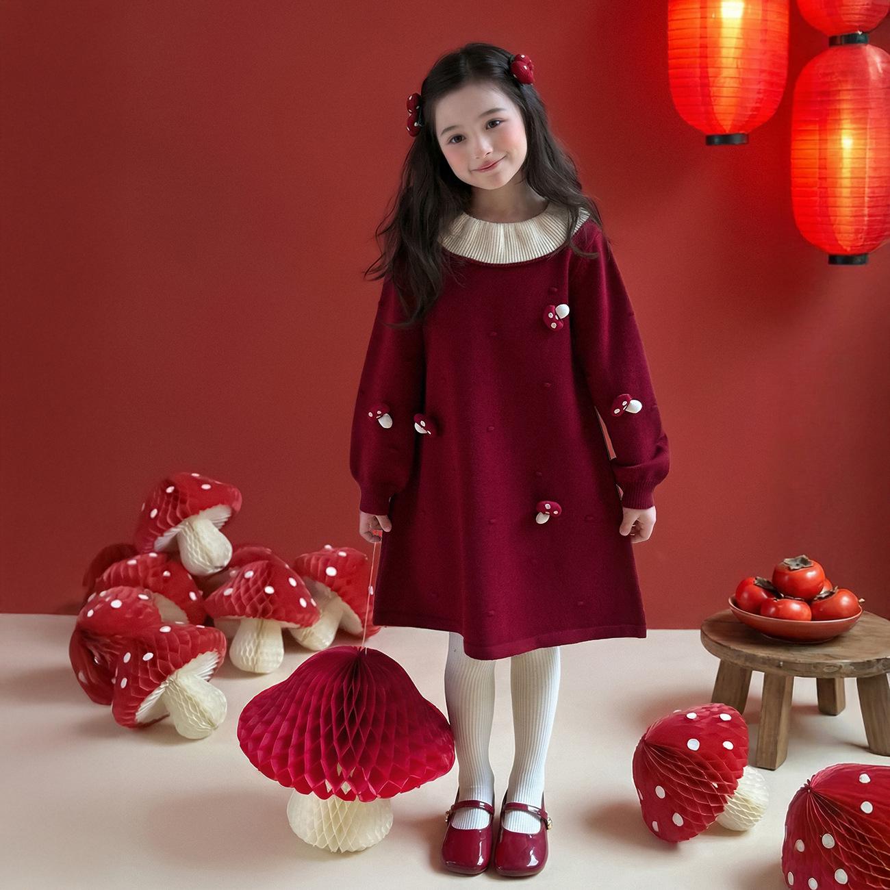 Yuchen Kids  Red Knit Sweater Dress - Winter 2025 Girls  Fashion 140 красный