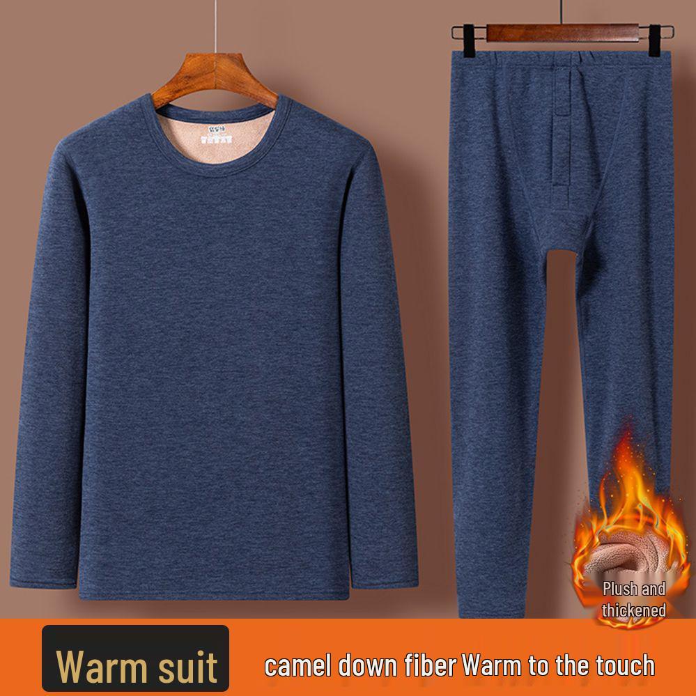 Men's Winter Warm Fleece-Lined Camel Wool Underwear Set - Crew Neck, Quick Heating, for Middle-Aged and Elderly