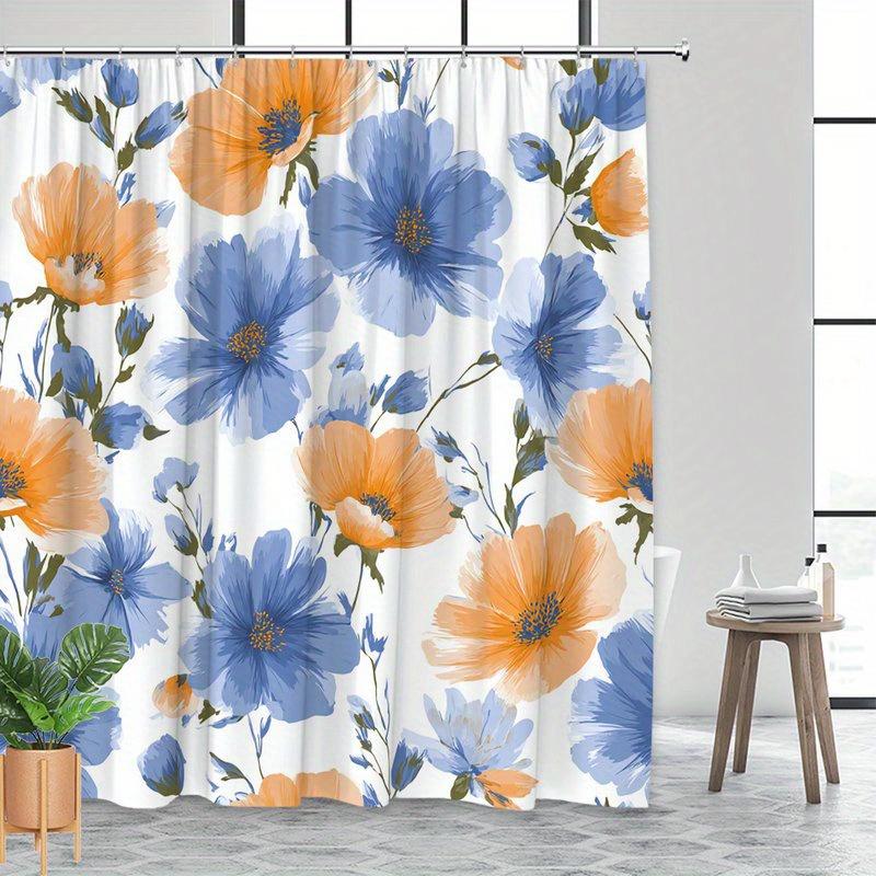 1pc Watercolor seamless floral shower curtain, polyester fabric, machine washable, with hooks, suitable for bathroom decoration