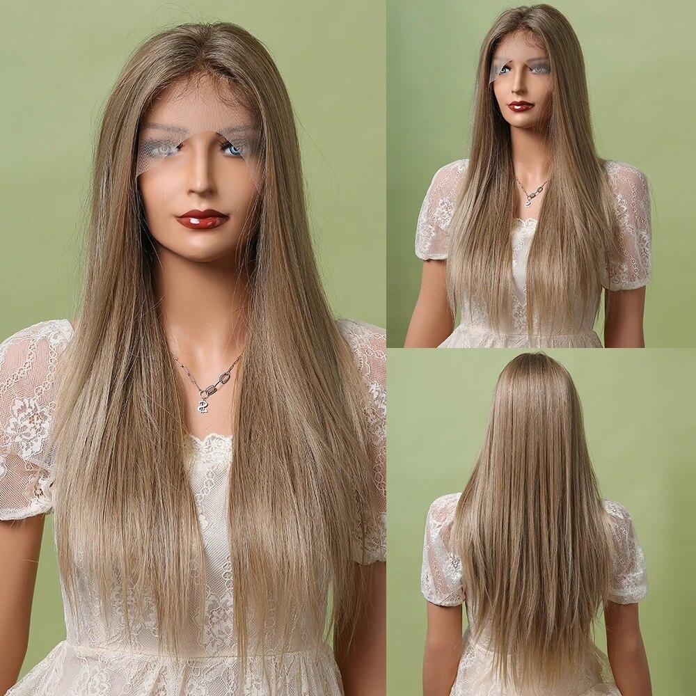 ALAN EATON Hellbraune gerade Lace-Front-Perücken, Mittelscheitel, Ombre-Blonde Spitze, synthetische Perücke, natürlicher Haaransatz, hitzebeständig