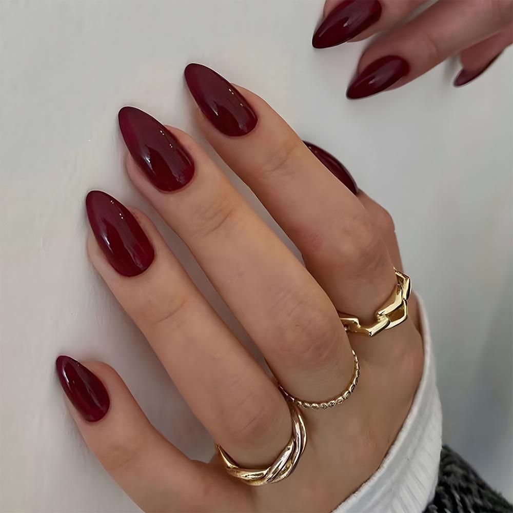 Set of 30 Wine Red Minimalist Press-On Nails - Elegant Solid Color Nail Art Patches
