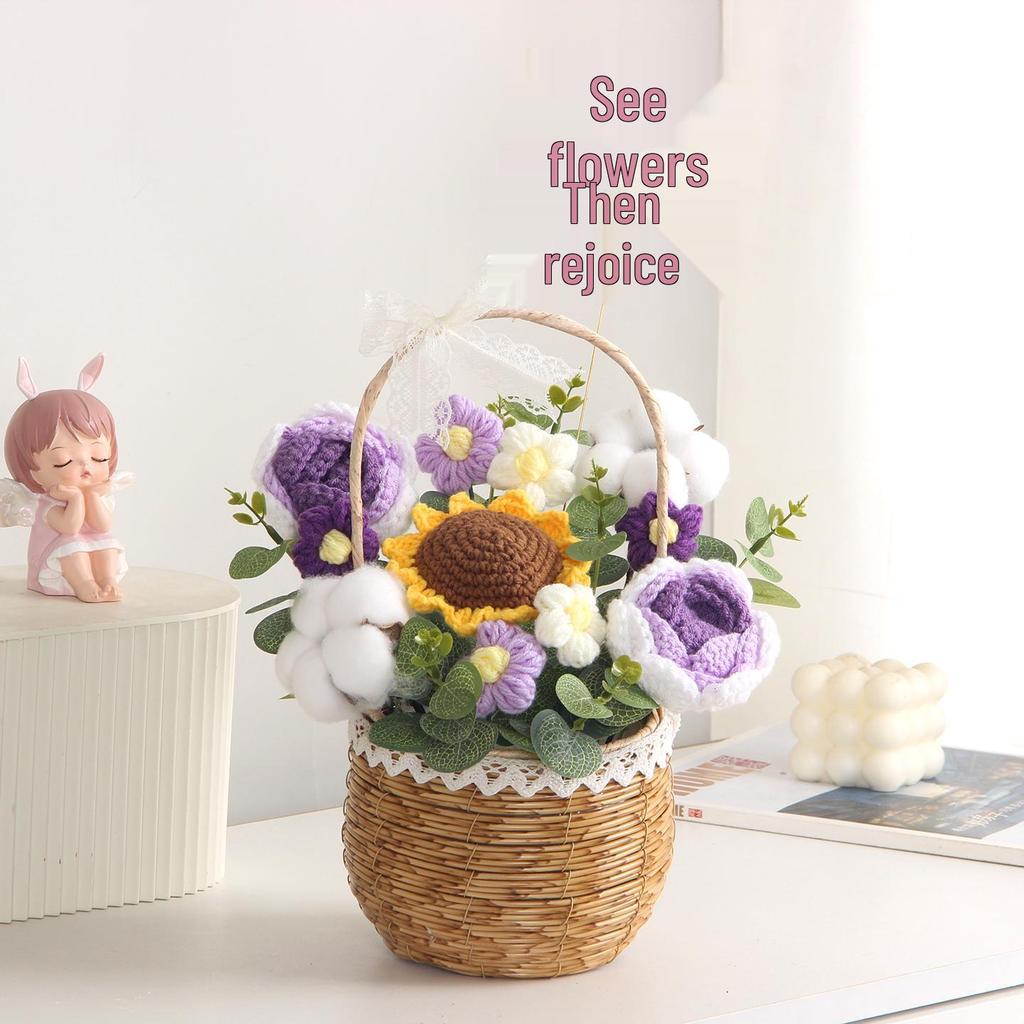 Sonnenblumen Gestrickter Wollstrauß in Handkorb - Geburtstag, Feiertag, Lehrertag, Abschlussgeschenk