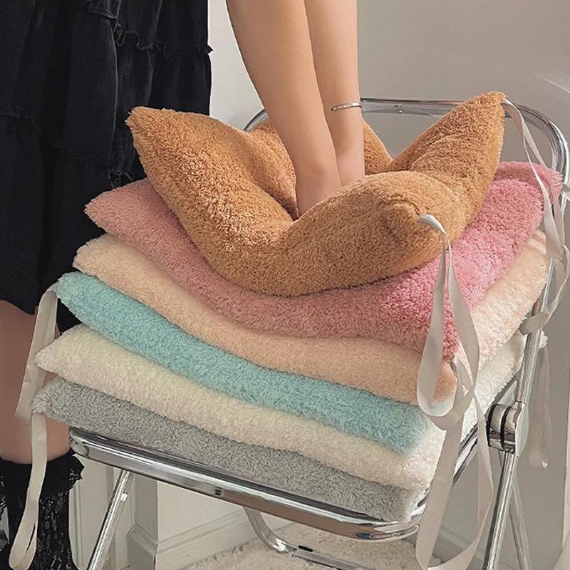 1Pc Thicken Thick  Mat Plush Warm Thick Chair Cushion Home Dining Chair Cushion Plain Color Seat Cushion Simulated Rabbit