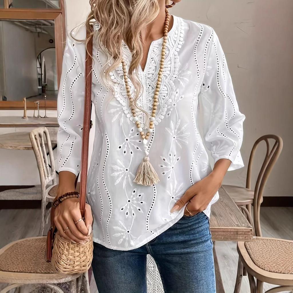 Damen Boho V-Ausschnitt Lochstickerei 3/4 Ärmel Bluse Locker Lässig Urlaubs Oberteil
