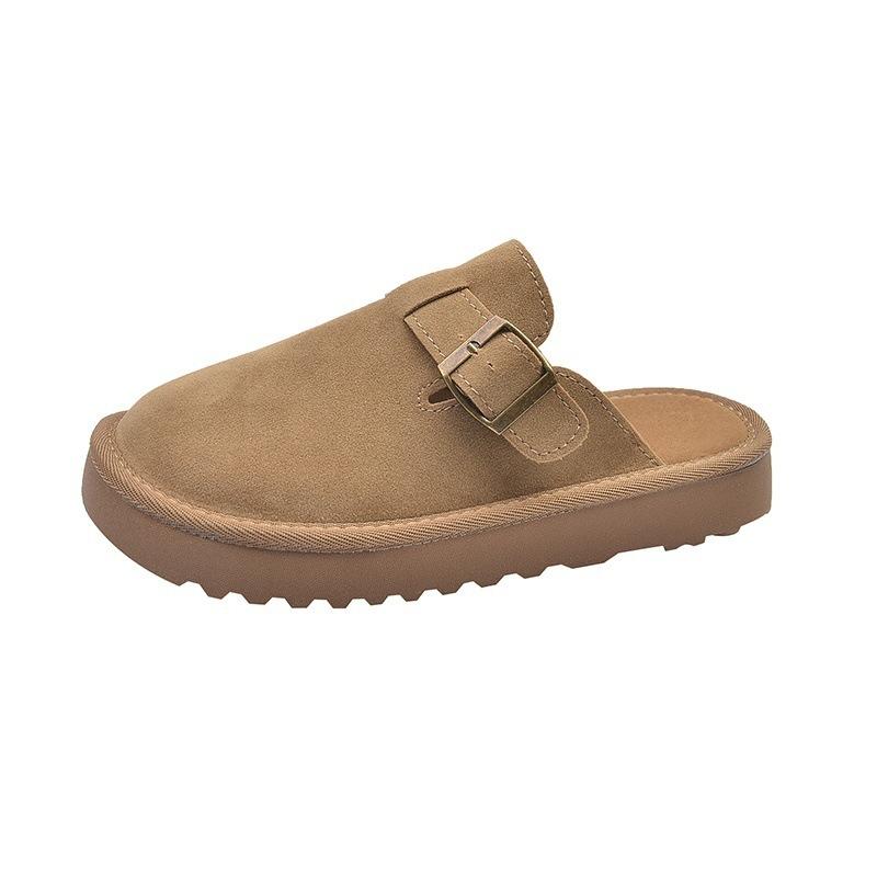 Thick-soled Soft Leather Boken Slippers Women's Wear Spring 2025 New Bag Head Half Slippers Retro Muffin Lazy Shoes