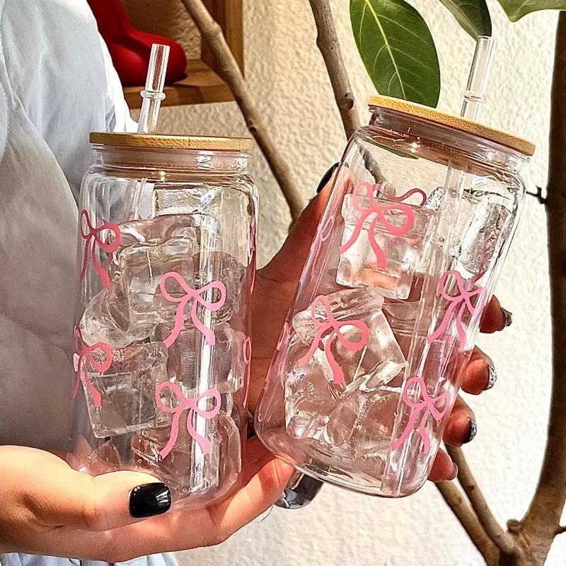500ml Pink Bow Print Water Bottle Mason Jar Shaped Water Bottle With Lids Plastic Cup Pink Bowknot Tumbler Cup Coffee Juice Cup