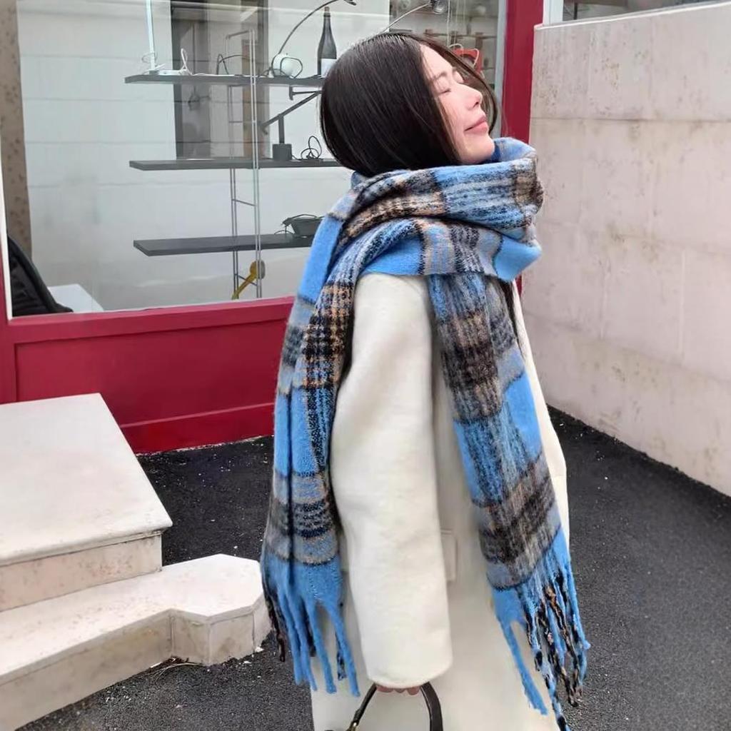 Imitation cashmere Korean version plaid scarf women's winter new high-end thickened warm scarf shawl dual-purpose blue