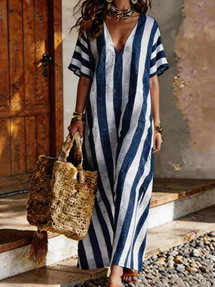 Summer new European and American style striped V-neck loose holiday style long dress women's fashion casual beach