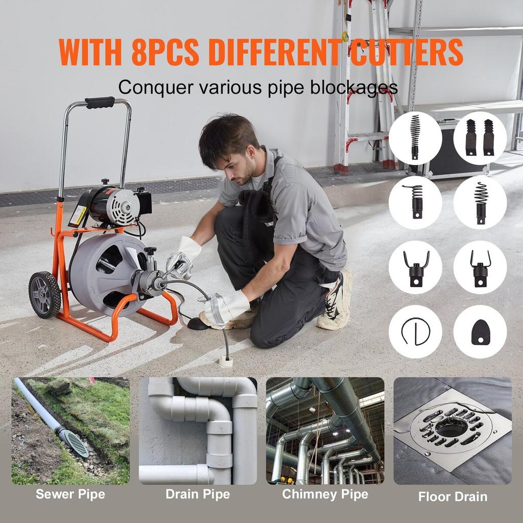 Drain Cleaner Machine 75FT x 3/8 Inch Auto Feed with Wheels & 8 Cutters