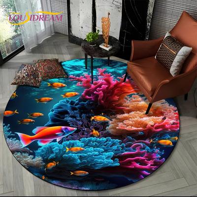 Underwater World Dream Seabed Fish Cartoon Round Carpet Rug for Living Room Bedroom Kids Decor,Pet Area Rug Non-slip Floor Mat