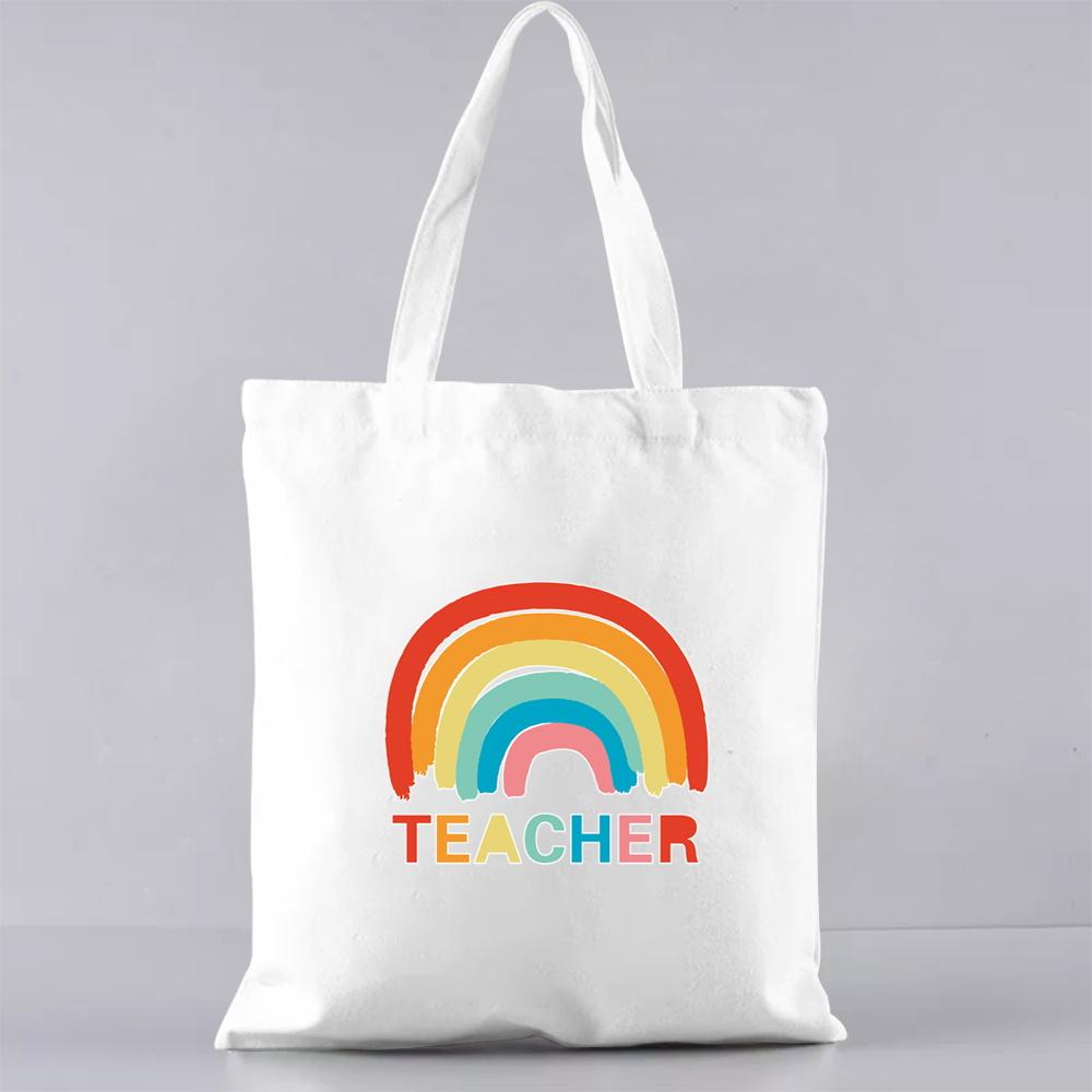 Fashion Shopping Bag Handbag Commuter Casual Shoulder Bag Reusable Canvas Bag White Cartoon Teacher Pattern Printing Tote Bag