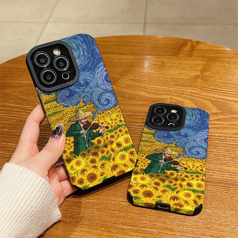Vertical Leather Shell Sunflowers Painting Printed Patterned Shockproof Soft Silicone Case with Camera Lens Full Protection for IPhone Samsung