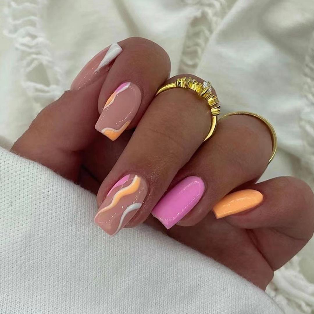 Wearing Nail White French Nail Art Tablet Removable Orange Pink Wave False Nail Finished Patch Nail Tablet Finished