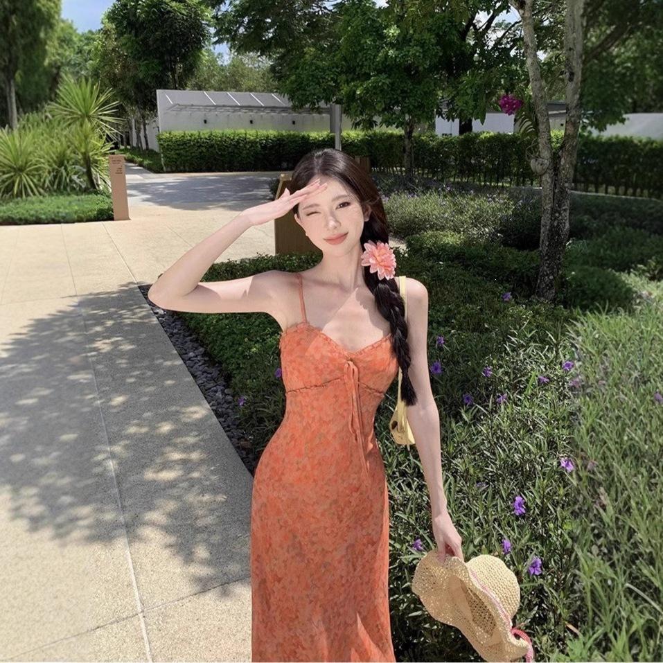 Sanya Travel Wear Orange Floral Suspender Backless Dress Women Thin Seaside Vacation Photo Beach Dress