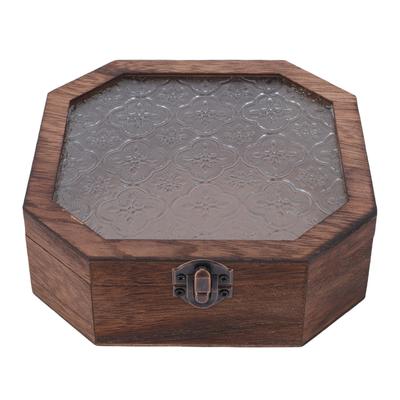 Vintage Floralowe Drewniane Pudełko Organizer na Kosmetyki Przechowywanie Biżuterii Małe Dekoracyjne Ośmiokątne