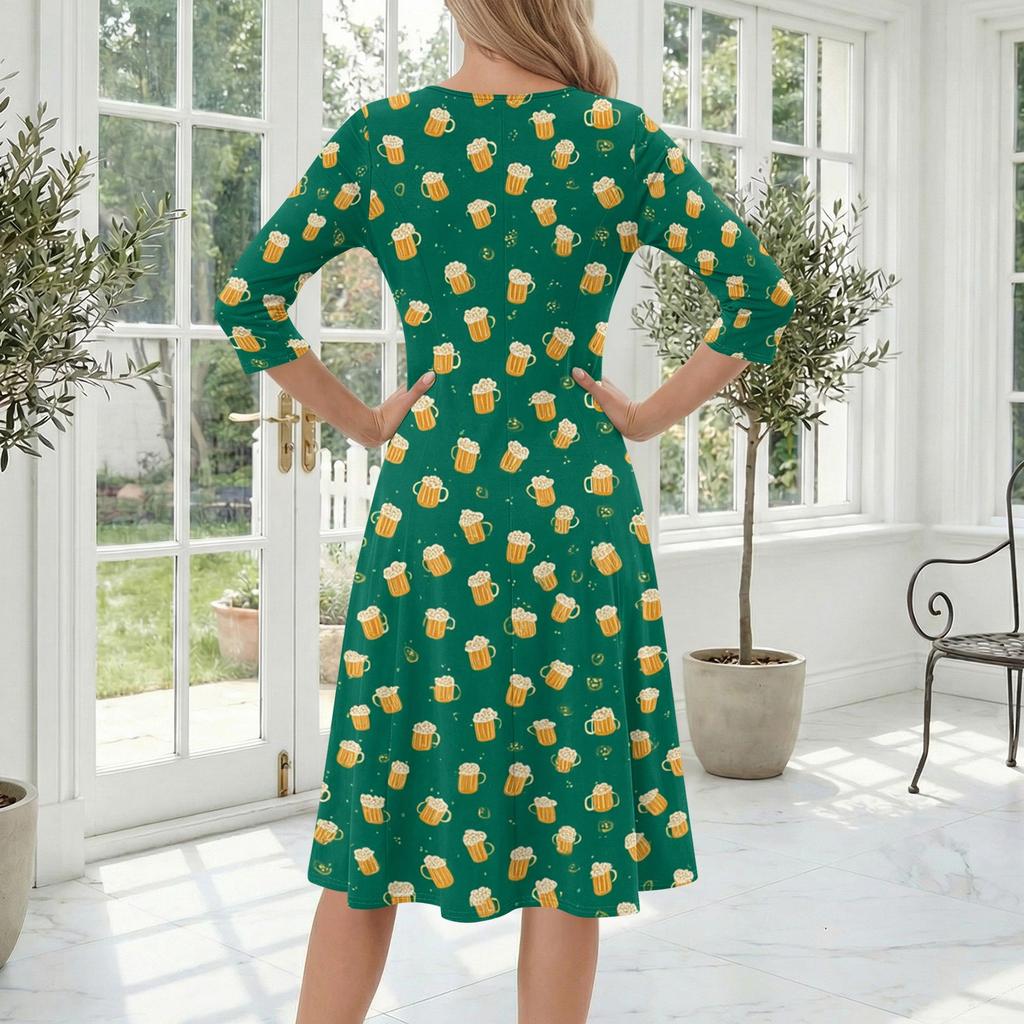 Casual Mid-Length Dress with Round Neck and Three-Quarter Sleeves Featuring Beer Glass Print Suitable for Everyday Wear and Events