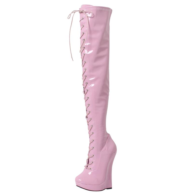 FHC Extreme High 7"/18CM Wedges Heels Crotch Boots,Patent Leather Thigh High Botas,Lace-up Sexy Platform Zip Ballet Shoes,Black