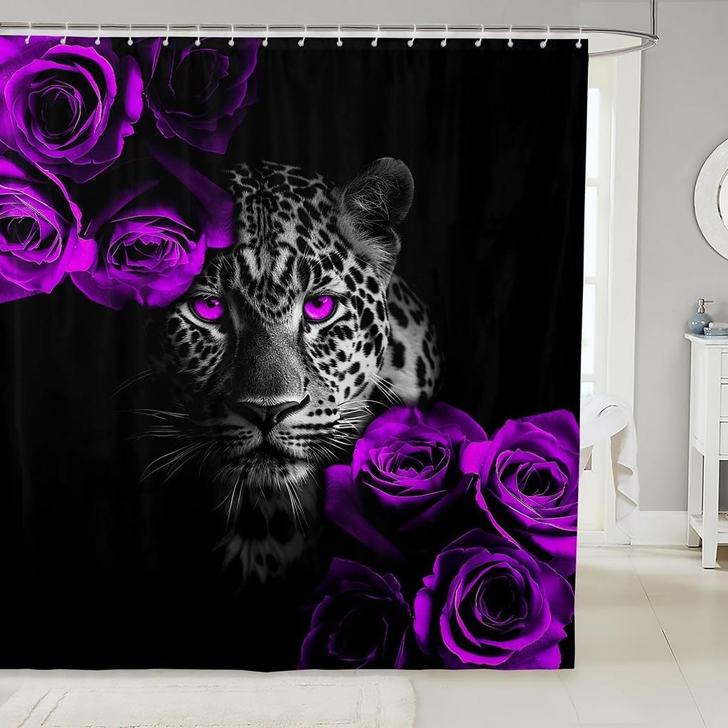 Cheetah Print Shower Curtain, African Leopard Animal Design, Red Floral Black Waterproof Panel With Hooks