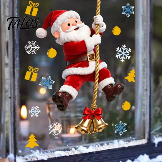 Waterproof PVC Stickers Christmas Window Cling, Santa Climbing Rope Sticker, Removable Static Cling Pattern Tree Decal for Glass Doors Windows Holiday